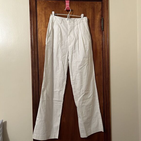 Reformation Oren Pants White Pin Stripe Wide Leg Work Linen Blend Womens 6 - Picture 2 of 14